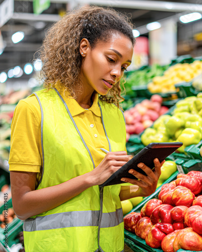 A supermarket worker in a yellow vest uses a tablet to check inventory among fresh produce like apples and peppers.