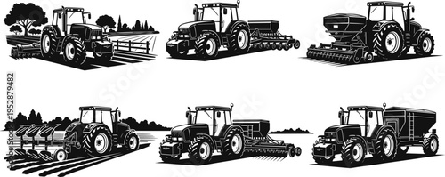 Tractors with plow, seed drill, fertilizer spreader, row planter, harvester, grain cart, farming machinery, agriculture process, crop production, soil preparation, harvesting, transportation