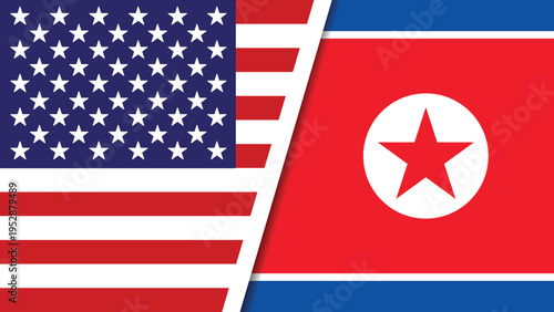 The flags of the United States and North Korea side by side, symbolizing international relations and diplomacy between the two nations.
