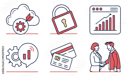 Business finance icons cloud target lock chart handshake credit card gear symbols for financial technology concepts