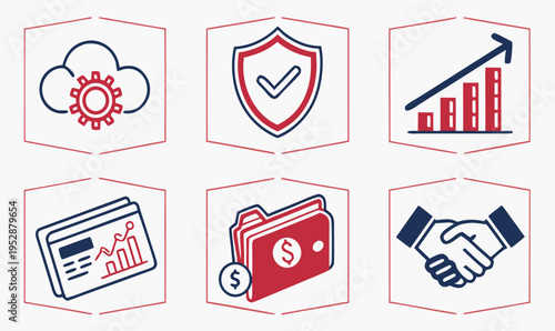 Business finance icons cloud gear shield growth chart wallet with money and handshake symbols for financial security