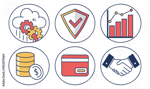 Professional collection of circular business icons featuring financial security data visualization and transaction elements for modern web interfaces