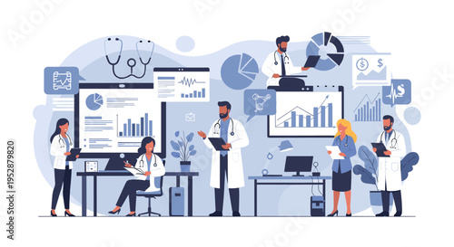 A stylized illustration depicting a female doctor examining medical records. The image conveys professionalism, healthcare, and attention to detail, i