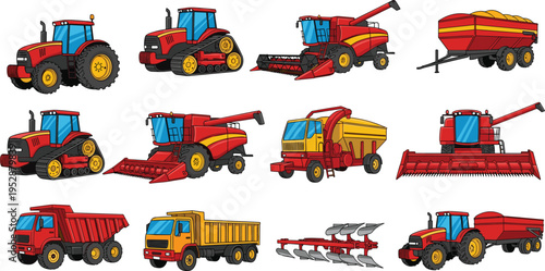Vector illustration of agricultural and construction vehicles including tractors, harvesters, trailers, dump trucks, forage harvester, plow attachment, farming machinery, rural equipment