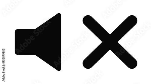 A black mute icon with a cross symbol on a white background