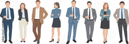 Professional business team illustration featuring diverse men and women in corporate attire, standing together in modern workplace concept, teamwork, collaboration, 