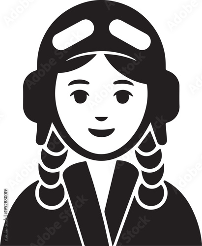 Hand Drawn Female Pilot Black and White Avatar Illustration in Minimal Line Art Style Design