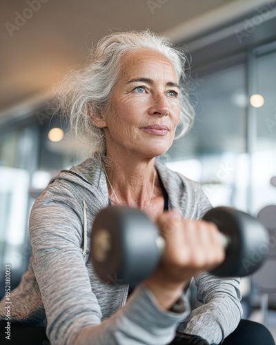 Active senior woman lifting a dumbbell, focused on strength training in a modern gym environment.
