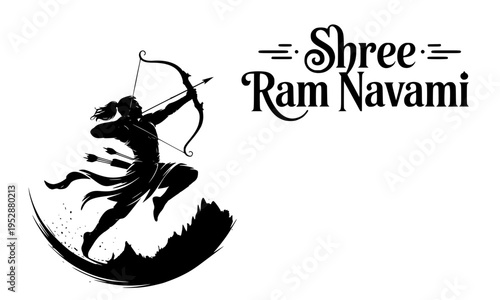 Elegant black and white Shree Ram Navami design with Lord Ram archer silhouette, perfect for Hindu festival posters, greeting cards, and religious celebration graphics