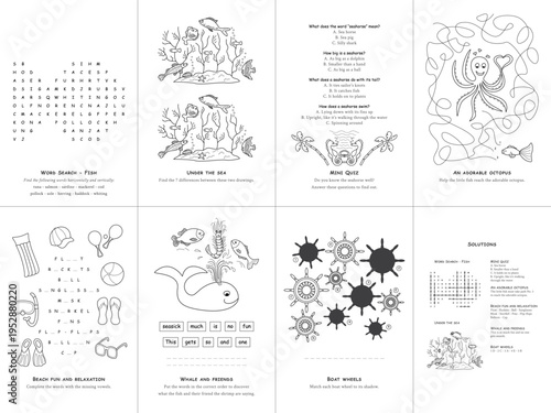 Set of seven games on the theme of the sea. Game and coloring page for kids. English language. Vector illustration. Set No. 4.