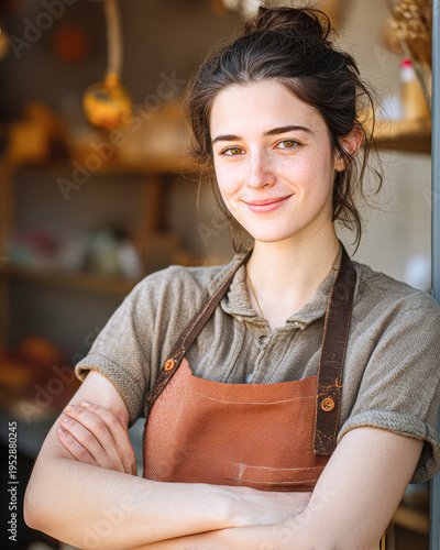 Young woman in an apron stands confidently with arms crossed, smiling in a cozy, rustic workspace with warm lighting.
