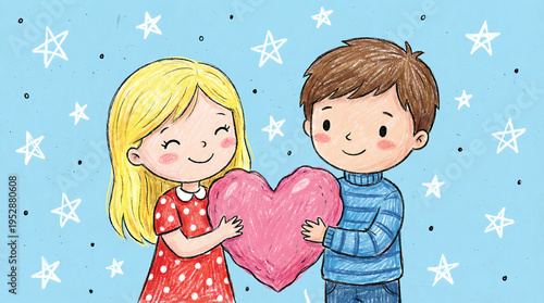Blonde girl and brown-haired boy holding a pink heart together in a starry background