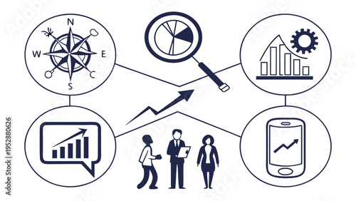 Integrated business solutions concept with various icons. strategic planning, market analysis, financial growth, team collaboration, mobile analytics