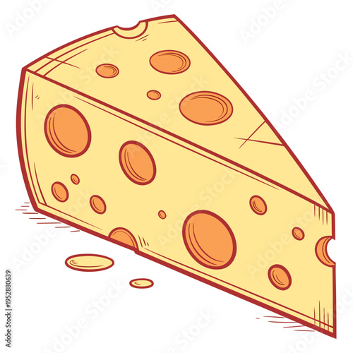 Slice of swiss cheese with many holes and yellow color isolated on white background. Hand drawn cartoon style dairy product icon for food concepts