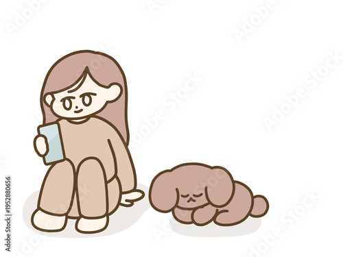 スマホを見る女性と犬のイラスト