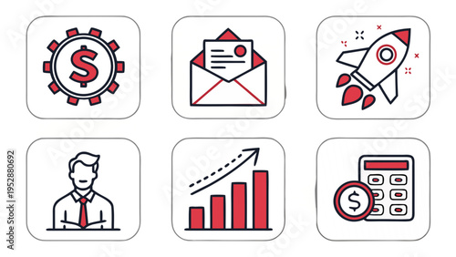 Business finance growth concept icons set with dollar gear envelope rocket man chart calculator money coin