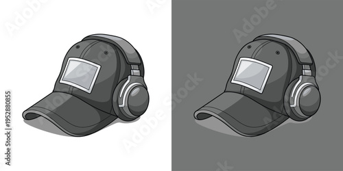 Sleek grey baseball cap equipped with integrated over-ear headphones, presented as a clear vector graphic for music and casual attire concepts, highlighting modern portable audio