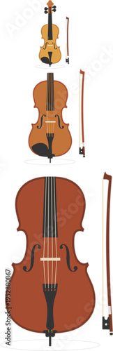 String instruments size comparison with violin cello and double bass with bows classical music vector illustration