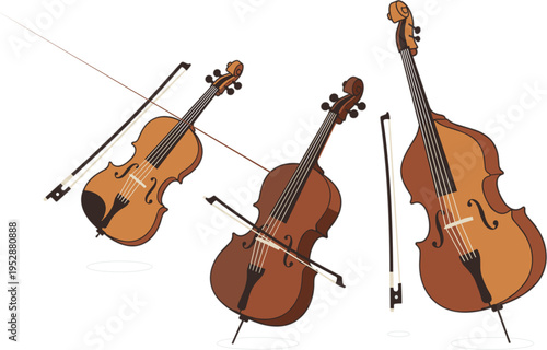 Violin cello and double bass string instruments with bows classical orchestra music set flat vector illustration