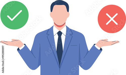 Decision, choice, business, success, failure, checkmark, cross, comparison, evaluation, options, management, strategy, analysis, risk, selection, approval, rejection, flat, vector, illustration