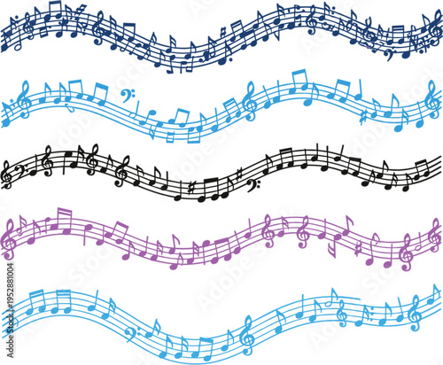 Musical notes staff waves collection with flowing melody lines treble clef sheet music decorative vector illustration set