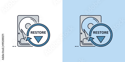 Data recovery and system restoration icon featuring a hard drive with a circular 'RESTORE' arrow, symbolizing digital backup, data management, and computer repair processes