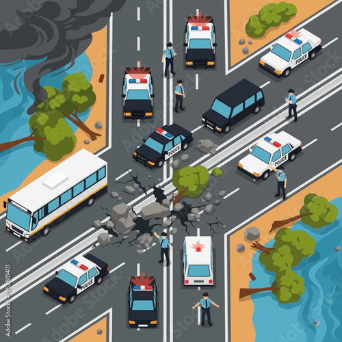 Isometric illustration of a disaster scene with emergency vehicles and damaged infrastructure.
