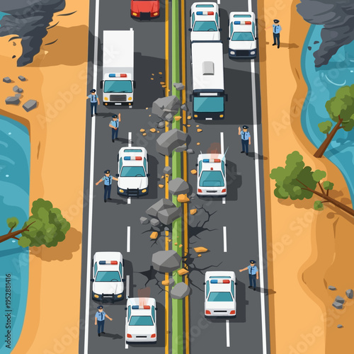 An illustration depicts emergency vehicles and personnel responding to a road blockage caused by debris.
