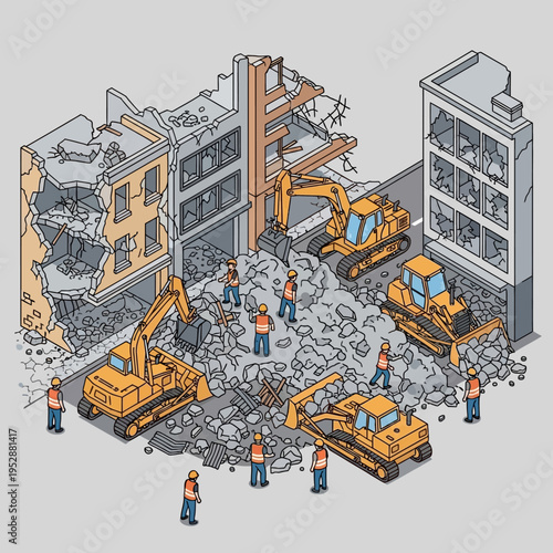 Isometric illustration of a construction site with heavy machinery and workers demolishing buildings.