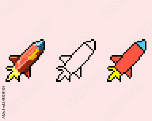 Pixel Art Classic Space Rocket Sprites. Perfect for arcade style shooters, platformer jump boost icons, or fast travel markers on a space map