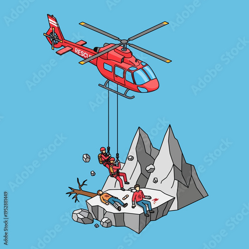 A red rescue helicopter is lifting a person from a rocky mountain.