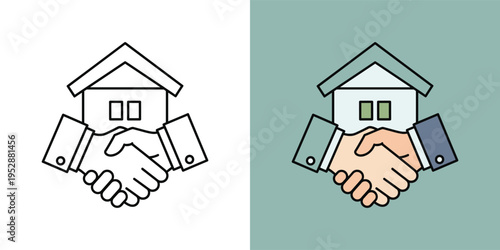 Real Estate Partnership and Property Transaction Icon Depicting a Handshake and House for Business Agreements