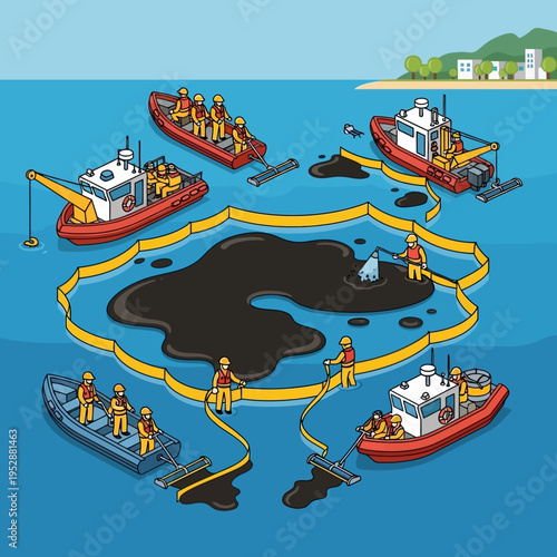 Illustration showing boats and workers cleaning up an oil spill in the ocean.