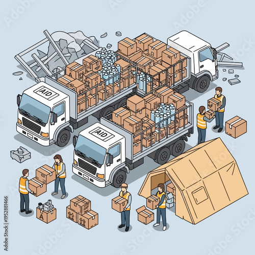 Aid trucks delivering supplies to a disaster relief camp with volunteers.