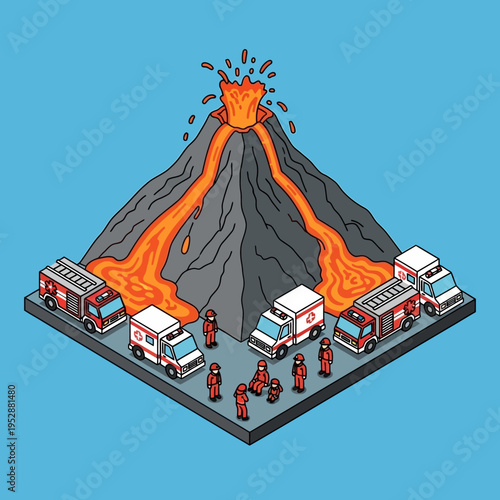 Isometric illustration of a volcanic eruption with emergency vehicles and personnel responding.