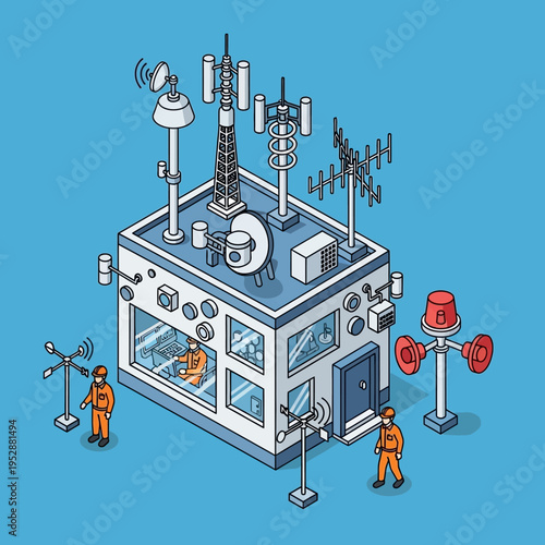 Isometric illustration of a telecommunications building with various antennas and workers.