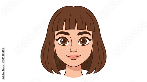 A cartoon illustration of a young woman's face with short brown hair and bangs, brown eyes, and a slight smile.