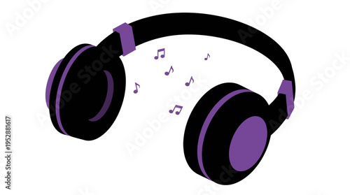 A pair of black and purple headphones with musical notes floating around them, suggesting music is playing.