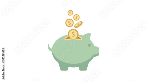 A light green piggy bank with coins falling into its slot, symbolizing savings and financial growth.