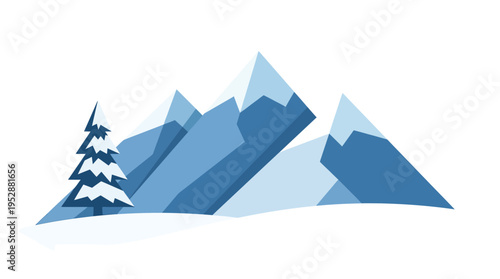 A stylized illustration of snow-capped mountains with a lone pine tree in the foreground.