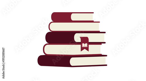 A stack of five hardcover books with maroon covers and cream-colored pages, one book featuring a red bookmark with a stylized 'M' symbol.