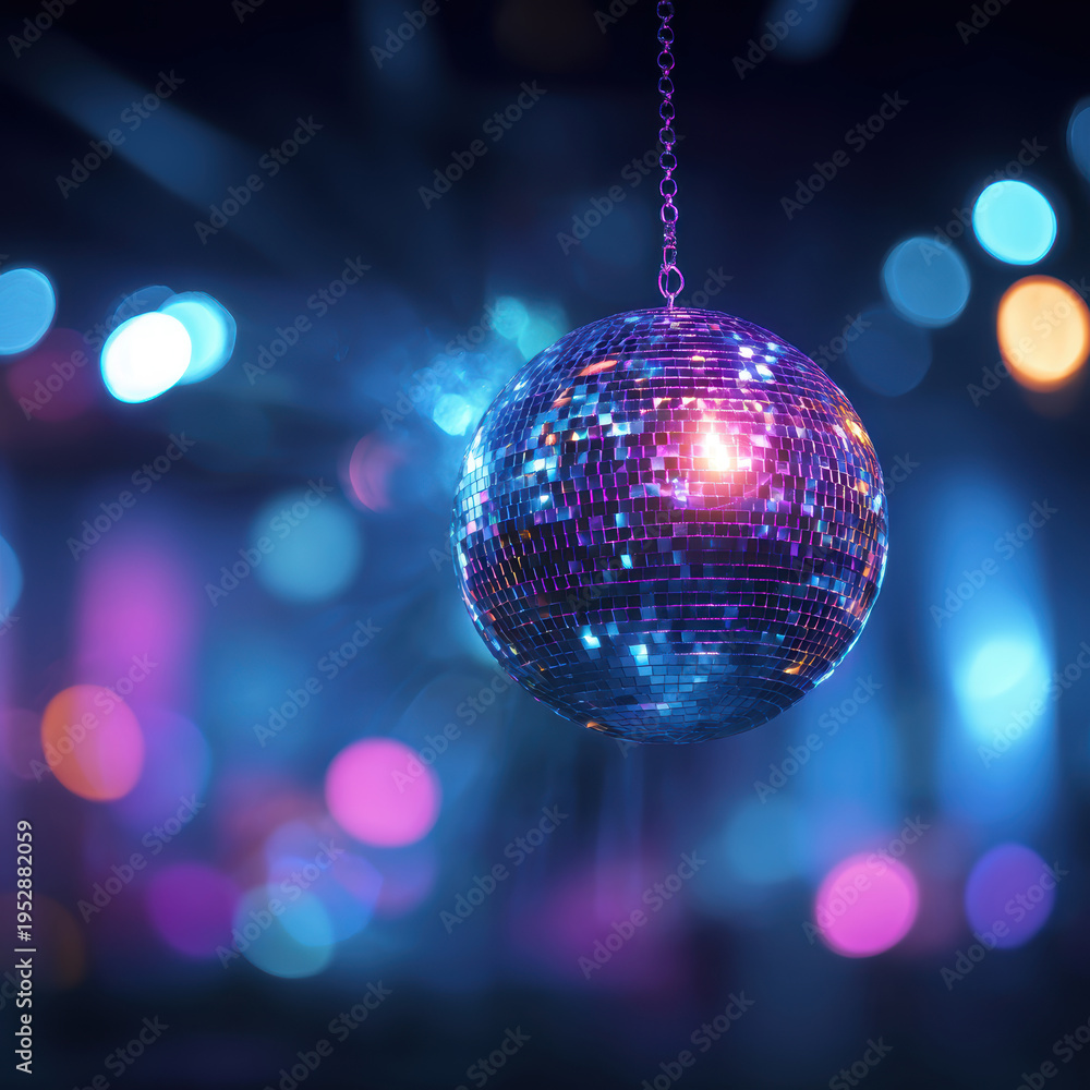 Obraz premium Disco Ball with Colorful Party Lights and Bokeh Background. AI generative.