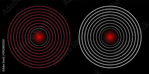 Pain Relief Target Icons: Concentric Red Circles for Healthcare, Radar, and Sound Wave Concepts. Pain red circle or localization mark, aching place sign, abstract symbol of pain