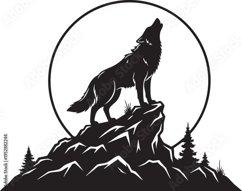 Wolf Howling at the Moon Silhouette on a Cliff
