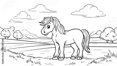 cute horse standing in a field, cartoon coloring book page, bold black outline drawing, simple shapes, white background
