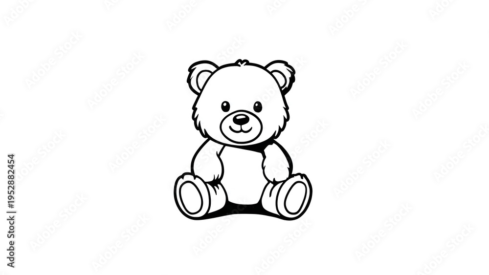 Obraz premium cute teddy bear sitting and smiling, children coloring page style, bold black line art, minimal detail, white background