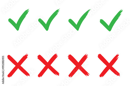 Check mark icons set. Green brush stroke check mark, tick symbols, checklist signs. Grunge brush stroke signs. Grunge checkmark design. Dirty grunge stroke checkmark sign vector illustration Handdrawn