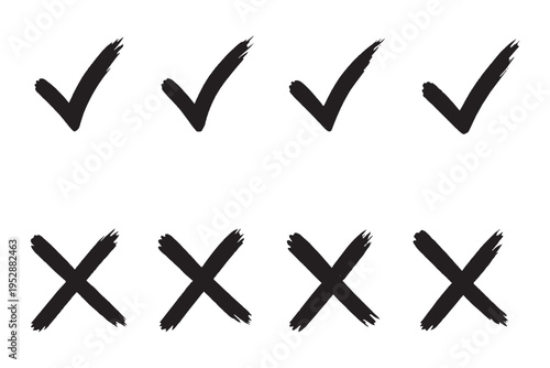 Check mark icons set. Green brush stroke check mark, tick symbols, checklist signs. Grunge brush stroke signs. Grunge checkmark design. Dirty grunge stroke checkmark sign vector illustration Handdrawn
