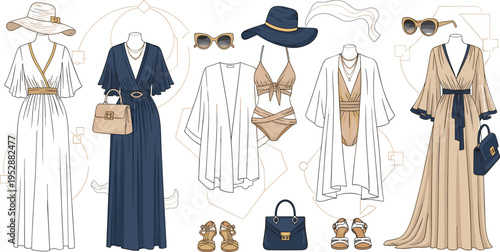 Elegant Resort Wear Collection with Maxi Dresses, Beach Cover Ups and Accessories, Summer Fashion Illustration Set