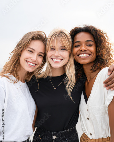 Three young women standing close together, smiling warmly at the camera in a bright, outdoor setting.